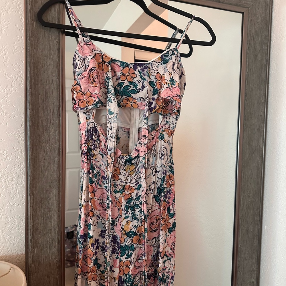 Skylar + Madison Floral Cutout Midi Dress - Pink and Blue